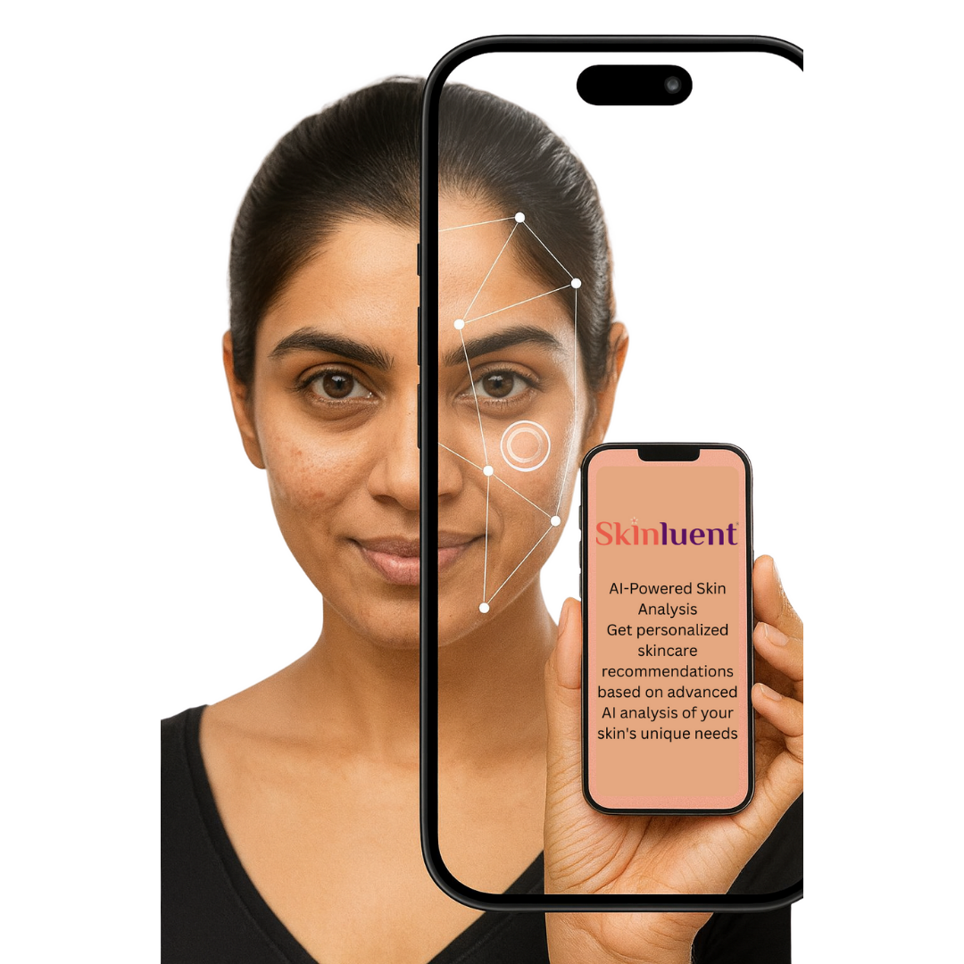 Woman holding a smartphone with Skinluent.ai AI-Powered Skin Analysis on screen, showing skin analysis feature.
